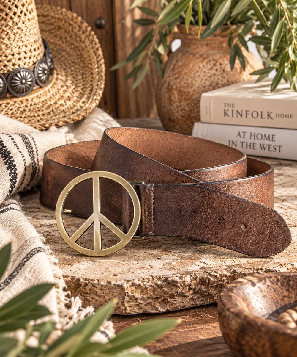 XL Genuine Leather Brown Belt XL Oversized Peace Sign Buckle Boho Hippie 70s